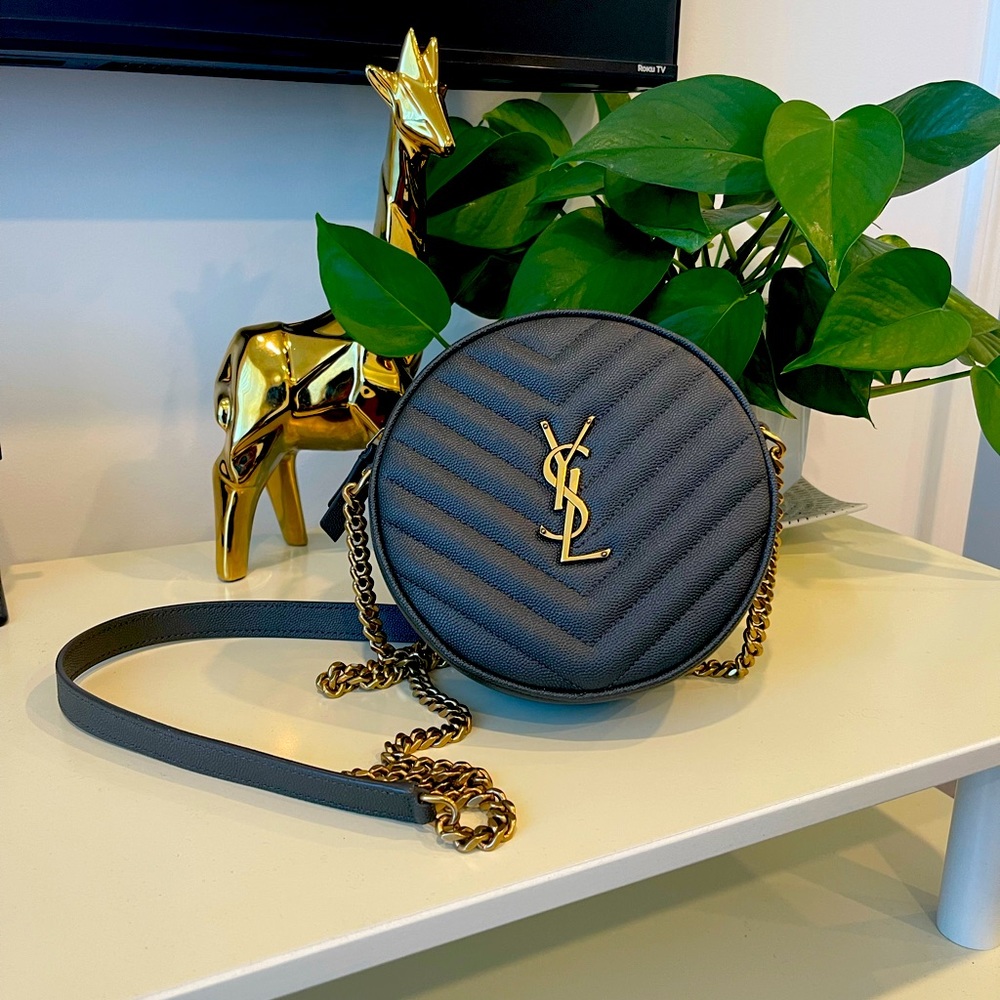 YSL Round Quilted Grain de Poudre Crossbody Bag